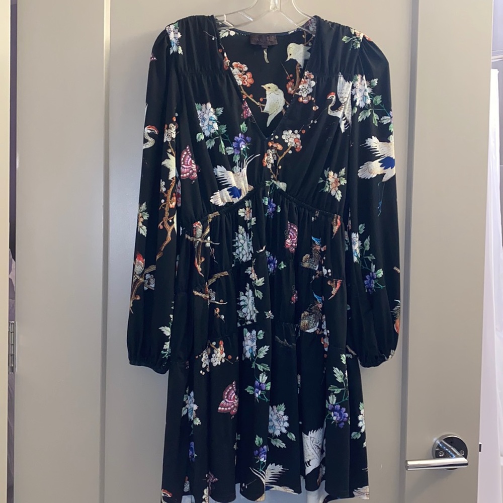 Hale Bob Black floral design longsleeve dress